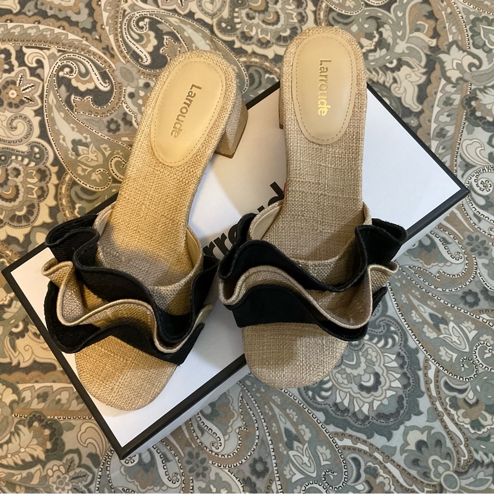 NWT Larroude Brigitte Ruffle Raffia Beige Black Sandals Women’s Sz 7.5 - Picture 10 of 14